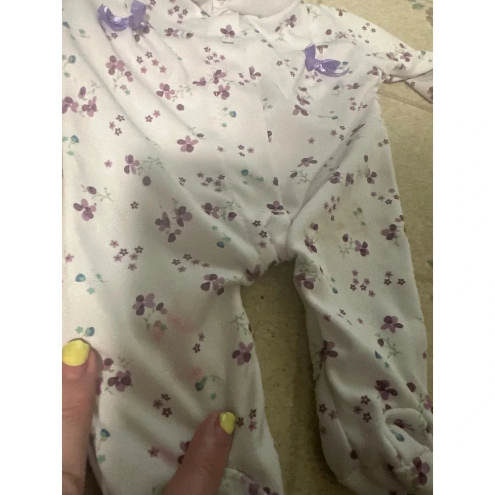 Vintage Baby Doll Floral Sleeper White Purple Flower Footed Outfit with Bottle